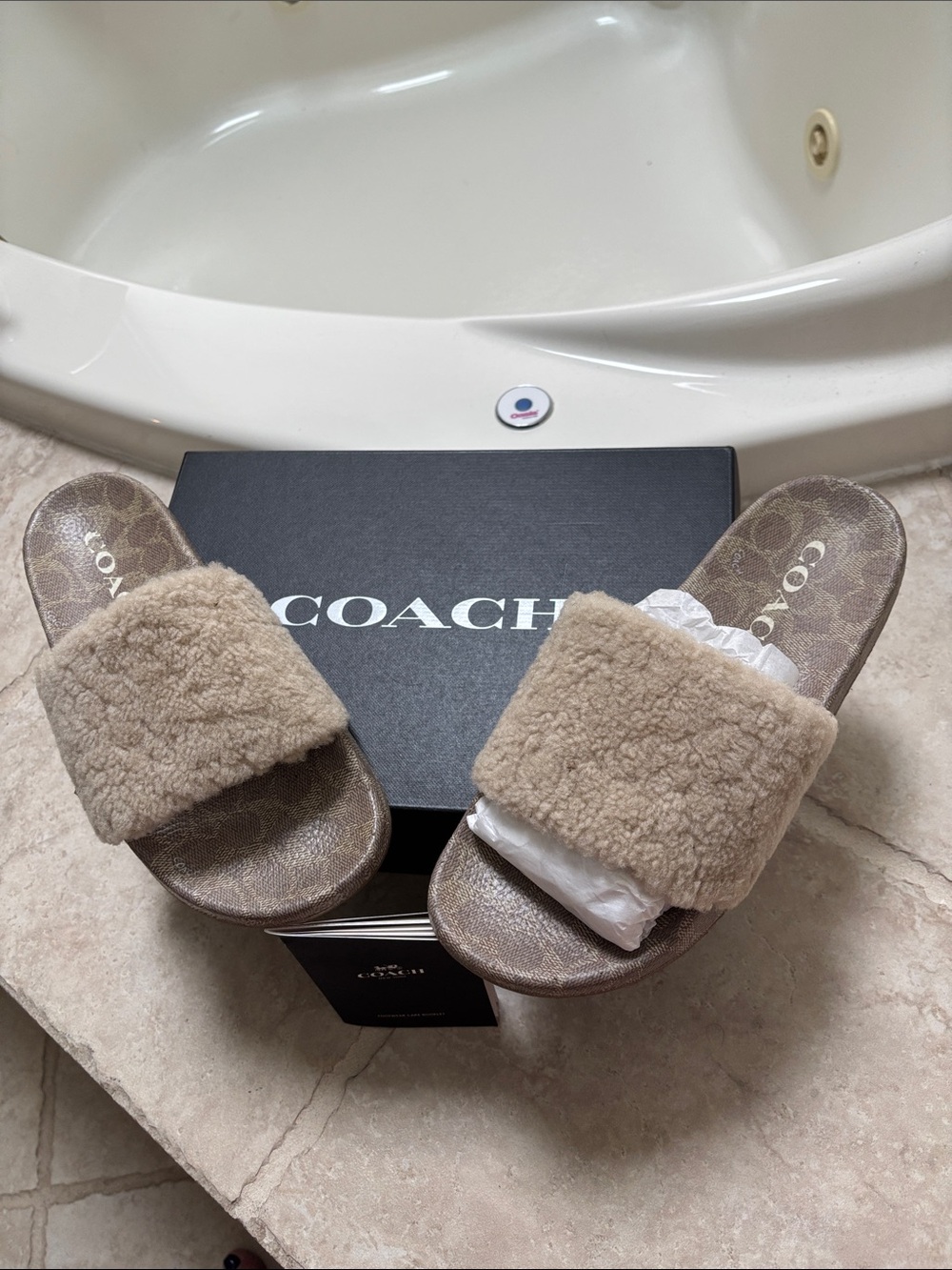 COACH Women's Tan Shearling Slide Sandals